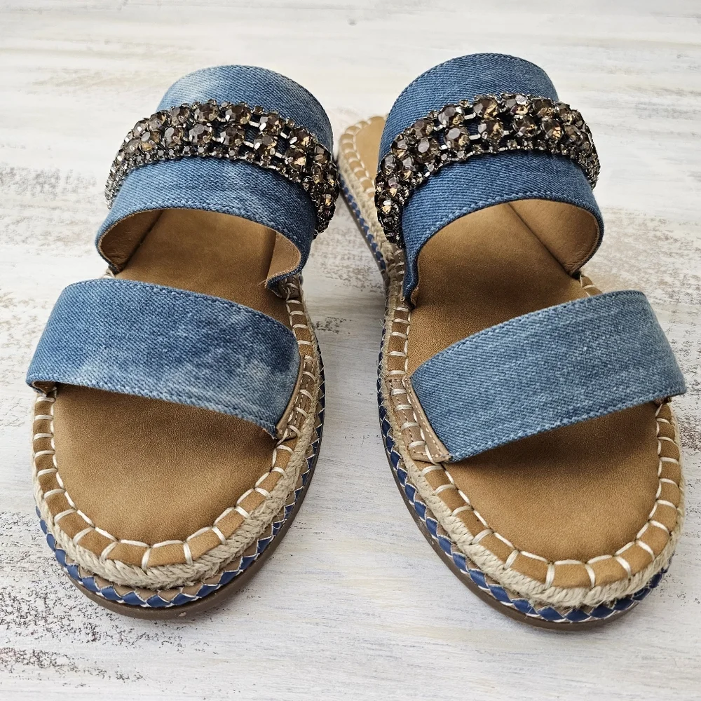 Nwob Crown Vintage Blue Denim Sandal Slides with Rhinestone Accent